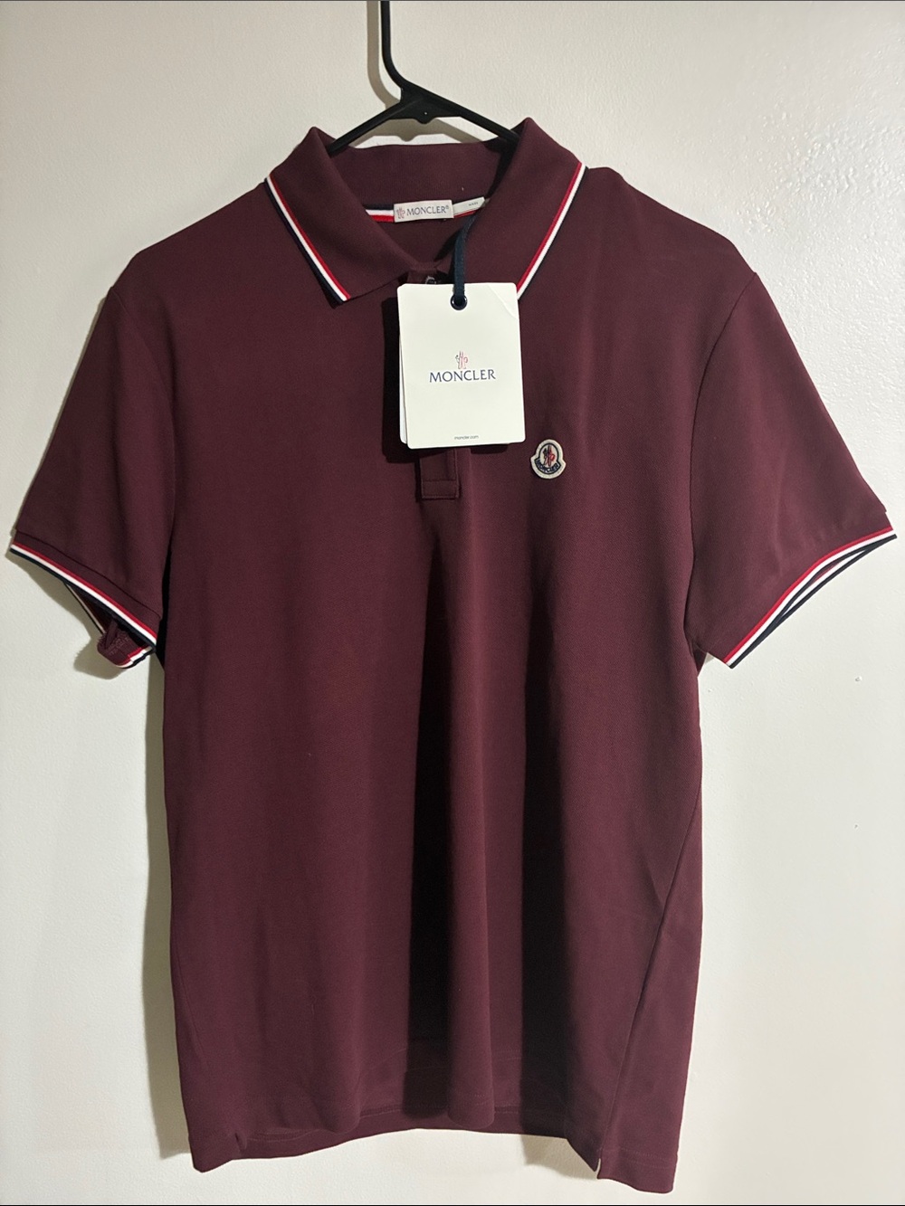 Moncler Men’s Burgundy Tricolor Trim Logo Polo Shirt New With Tags